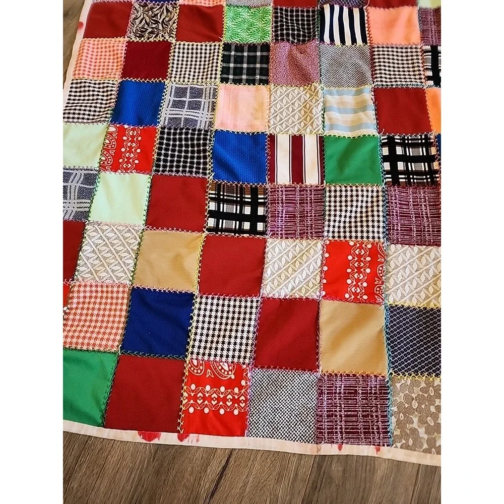 Vtg 60s 70s Patchwork squares Quilt Handmade Colorful Blanket 90
